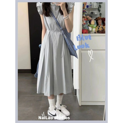 Summer French tea break first love gentle style long dress high-end blue sleeveless fungus design dress for women