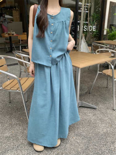 Real shot 2024 new summer retro outer vest top for women + elastic high waist loose a-line skirt suit