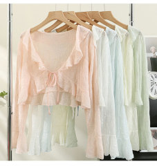 夏季新款荷葉邊系帶蕾絲防曬開衫女配吊帶裙仙氣小披肩罩衫薄外套