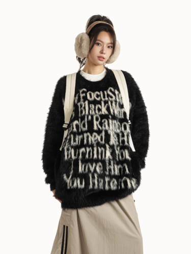 American letter lazy neutral style sweater for women loose autumn and winter couple sweater top jacket