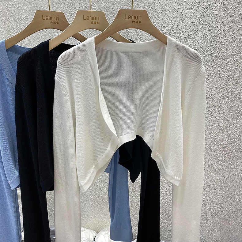 Thin knitted sweater cardigan for women white short slim fit ice silk sunscreen shawl summer black coat top
