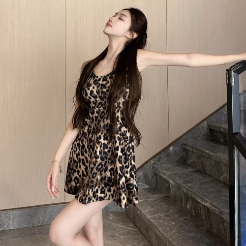 Hot girl leopard print u-neck vest dress women's summer slim design short skirt slimming waist a-line skirt