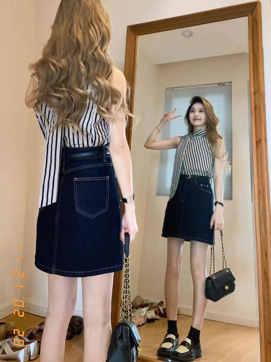 設計感無袖上衣女夏季時尚薄款條紋T恤休閒外穿坎肩背心