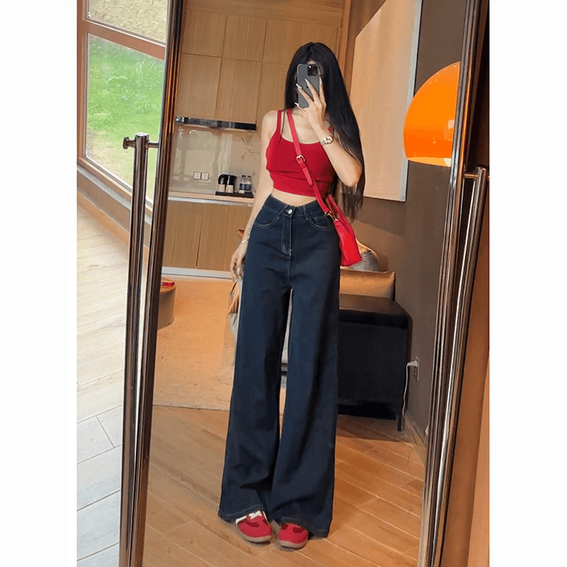 Blue Original Bull Wide Leg Jeans for Women - 2024 Summer New Relaxed Loose Fitting Slimming Sheer Pants with Waist Control