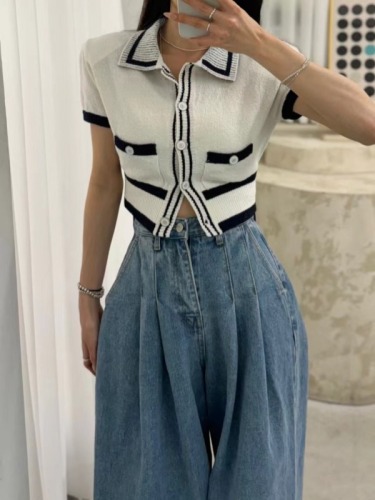 Korea patchwork color button lapel sweater top