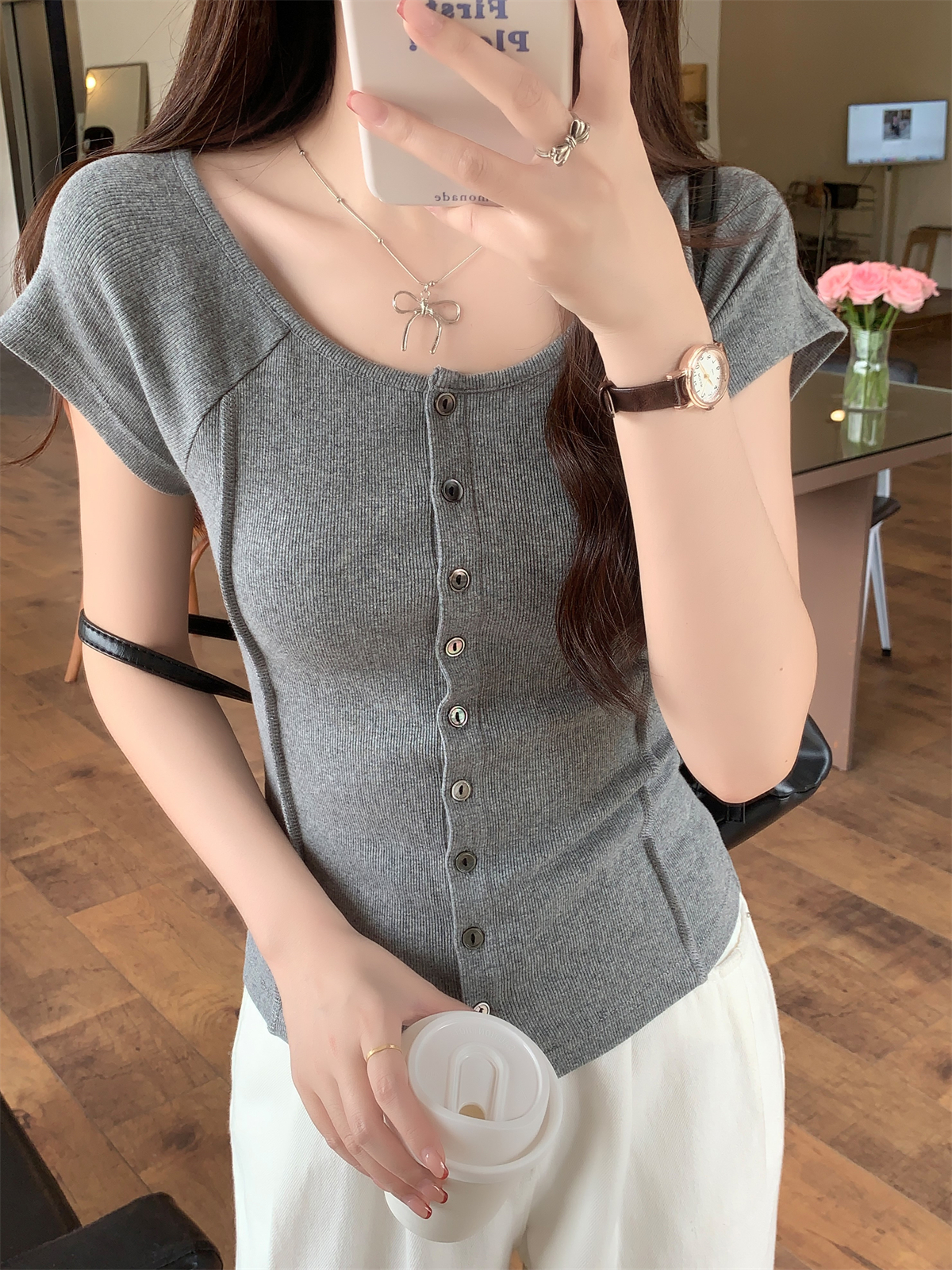 實拍 夏季韓版修身氣質插肩單排扣開衫魚骨設計感短袖T恤上衣