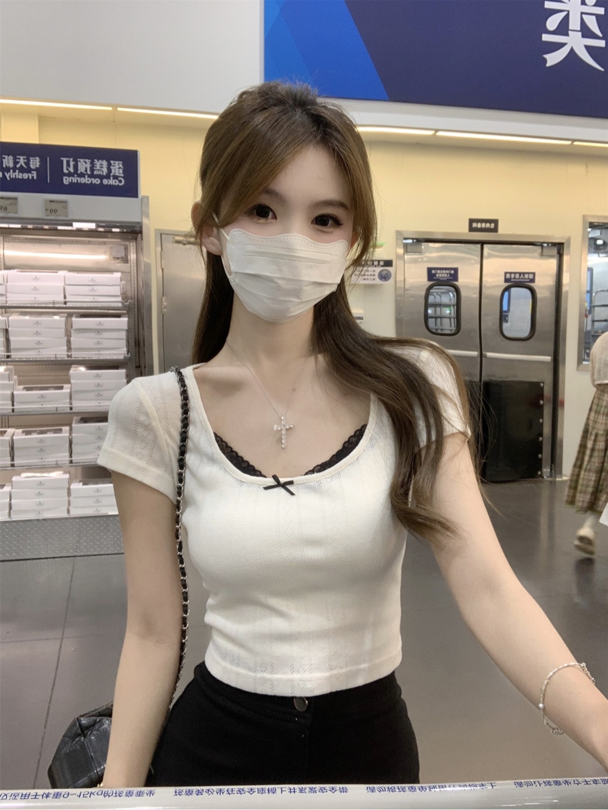 實拍 夏季韓版純欲撞色方領蕾絲拼接提花設計短款短袖T恤上衣