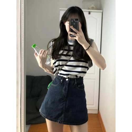 Lady's Summer Plus Size Wide Leg Denim Skirt with Design Fake Two-Piece Pants A-Line Short Skirt