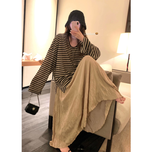 Silk fabric vintage striped long-sleeved women's summer loose casual lazy Korean style versatile sun protection top