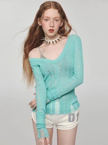 1JINN STUDIO scheming hollowed out lazy v-neck thin blouse ripped waisted wool sweater long-sleeved top