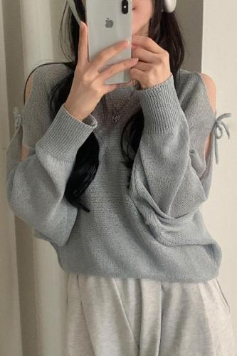 Large size real shot Korean style ribbon shoulder slit see-through loose brochure long-sleeved knitted top dropped shoulder sleeve sweater