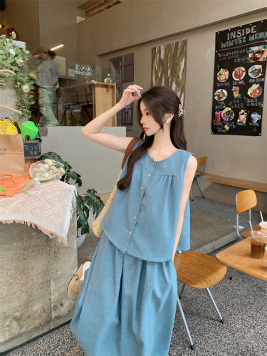 Real shot 2024 new summer retro outer vest top for women + elastic high waist loose a-line skirt suit