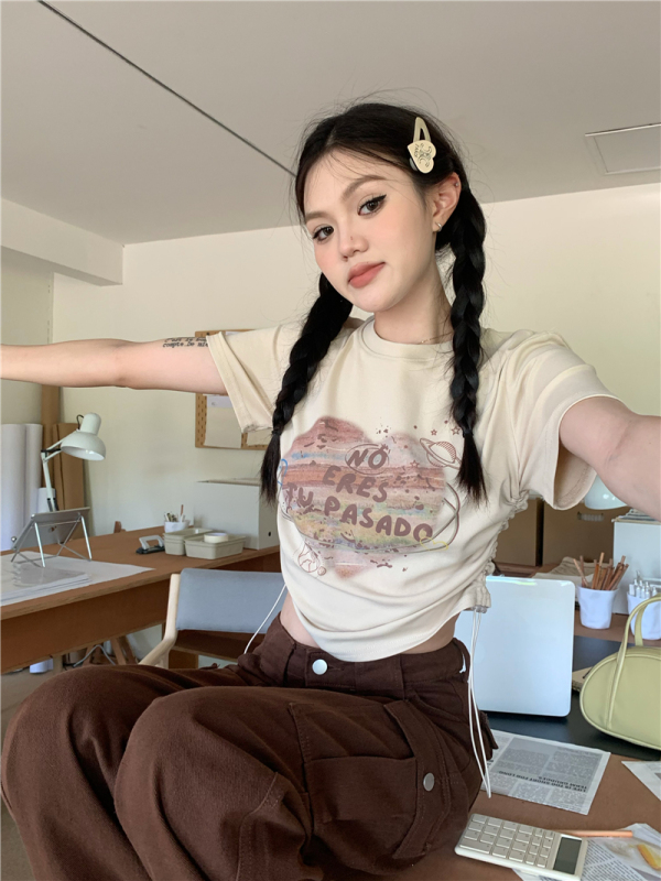 American retro love printed drawstring top T-shirt