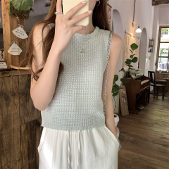 實拍 夏季韓版圓領氣質百搭糖果色針織無袖背心上衣