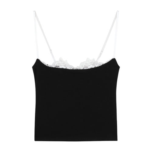 2024 summer new slim fit off-shoulder beautiful back top niche design outer wear lace splicing vest suspender