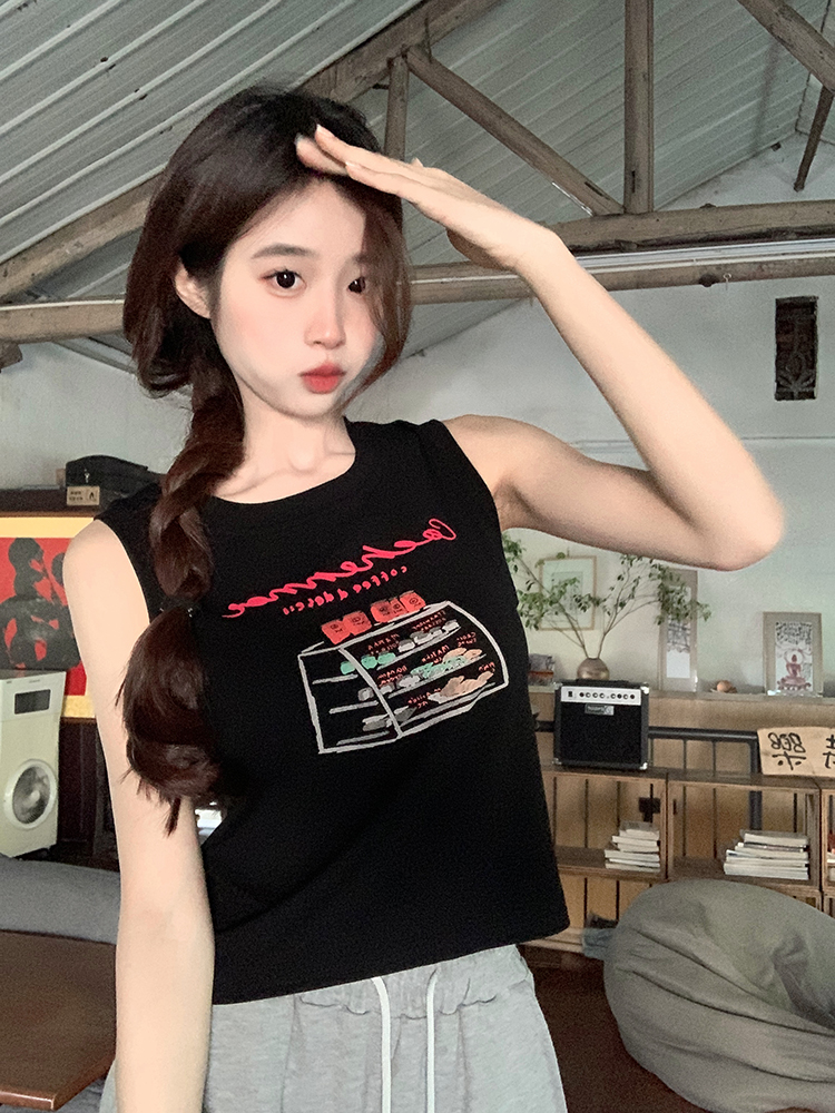 原創~實拍~純欲風印花無袖背心女修身顯瘦短款上衣辣妹