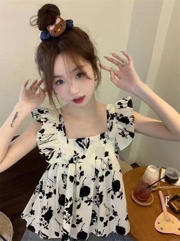 法式甜美小飛袖上衣女夏小眾別致水墨畫設計感無袖方領背心高級感