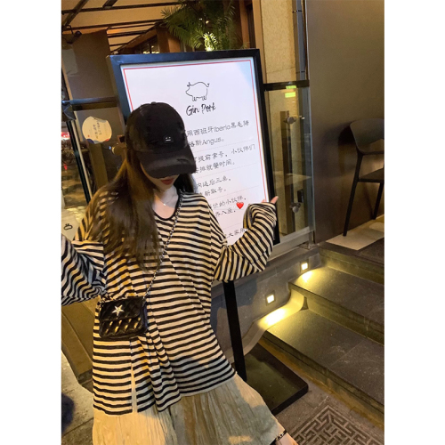 Silk fabric vintage striped long-sleeved women's summer loose casual lazy Korean style versatile sun protection top