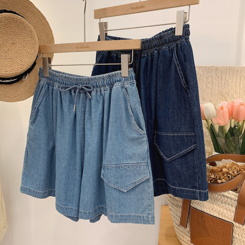 Large size fat MM denim shorts loose slimming women's 2024 summer new casual elastic high waist wide leg pants hot pants