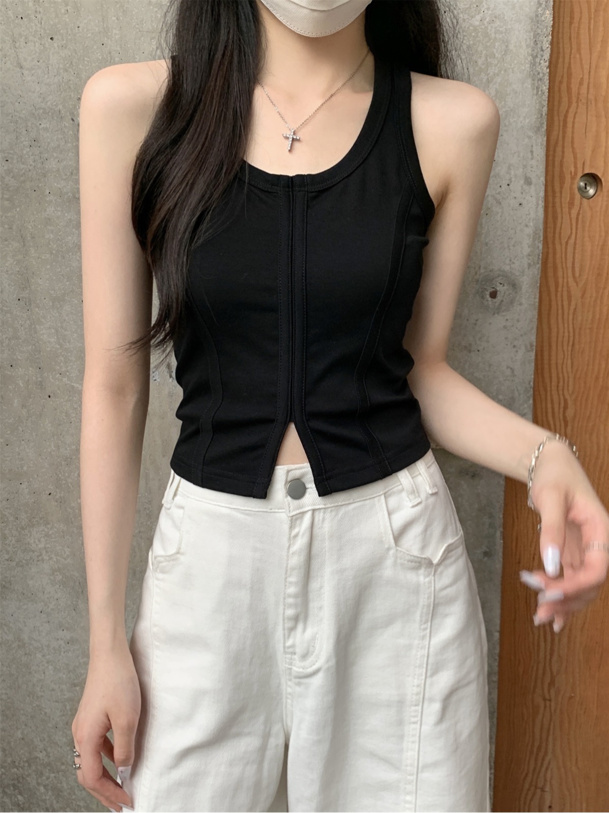 實拍 夏季韓版修身u領魚骨開叉設計感百搭純棉背心內搭上衣