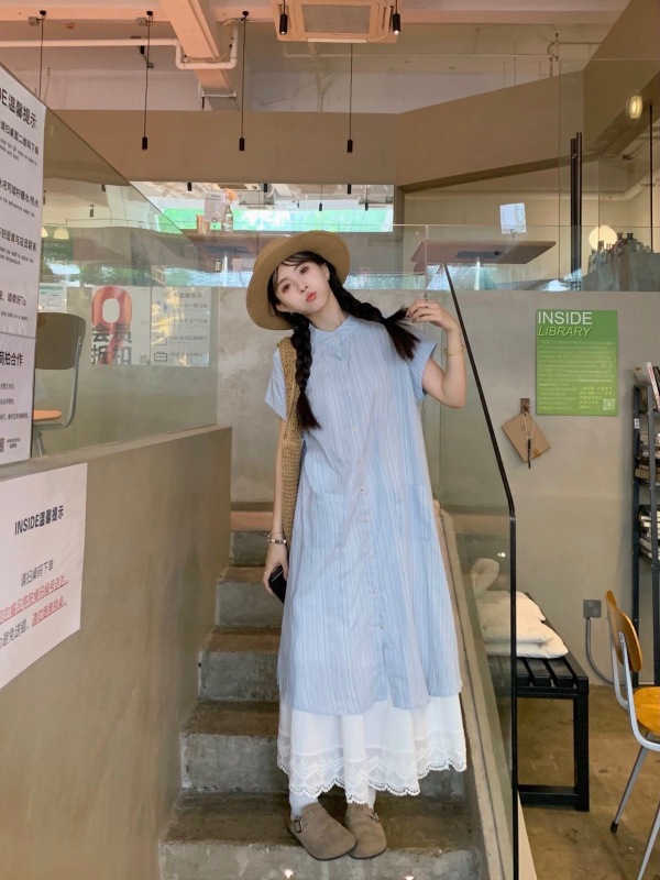 Real shots in stock.  Shirt long dress + white skirt layered