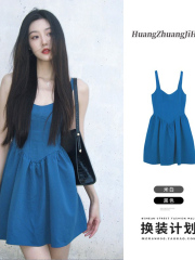 加內里拉鏈 克萊因藍連衣裙女夏季可愛減齡小個子絕美別致吊帶裙