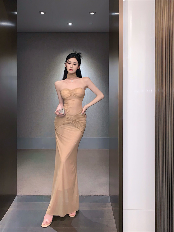 Real shot ~ Kendou same style European and American sparkling design pleated tube top dress slim hip-covering skirt for women