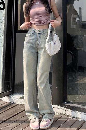 Light color straight non-elastic jeans for women hot new style high waist slimming wide leg pants