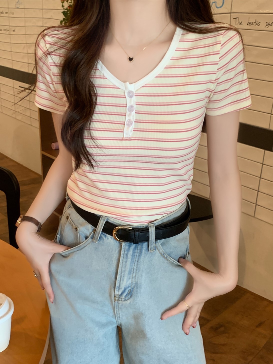 實拍 夏季韓版修身撞色彩色條紋紐扣正肩設計感短袖T恤上衣女