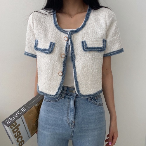 Spring and summer new Korean style fashionable short-sleeved contrasting coat female socialite light luxury cardigan top