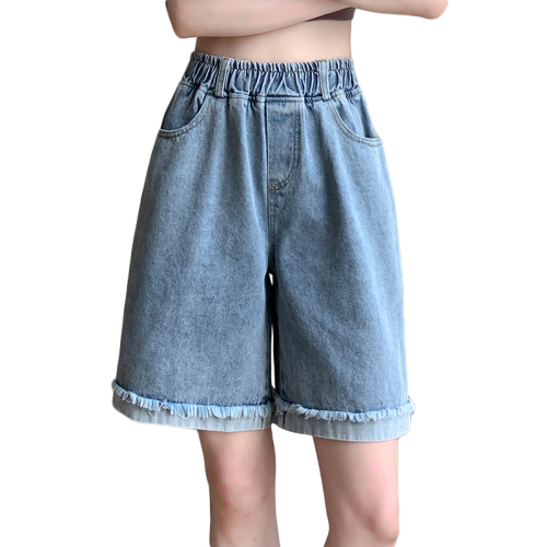 Real shot of denim pure cotton summer women's trendy high-waist slimming A-line wide-leg mid-pants loose five-point hem pants Internet celebrity