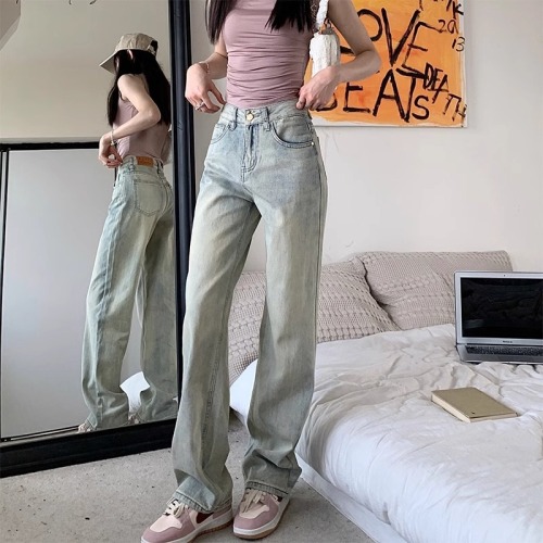 Light color straight non-elastic jeans for women hot new style high waist slimming wide leg pants