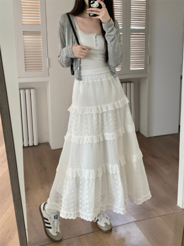 Actual shot of white skirt for women, spring style, high-waisted A-line skirt, cake skirt, design, lace splicing, crochet flower long skirt