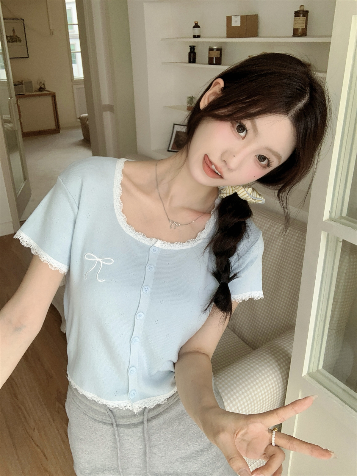 實拍 夏季韓版方領甜美蕾絲拼接蝴蝶結刺繡針織短袖開衫上衣