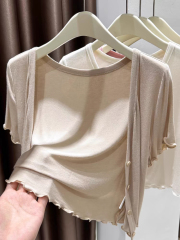 Fungus-edged short-sleeved cardigan for women in summer with shawl and suspender skirt, short sun protection blouse and thin coat