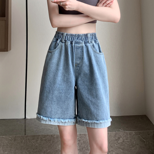 Real shot of denim pure cotton summer women's trendy high-waist slimming A-line wide-leg mid-pants loose five-point hem pants Internet celebrity