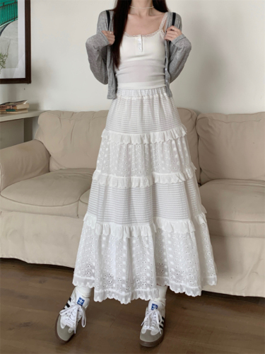 Actual shot of white skirt for women, spring style, high-waisted A-line skirt, cake skirt, design, lace splicing, crochet flower long skirt