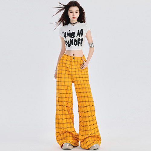 Real shot Elastic waist elastic plaid｜Wide leg pants for women summer loose and drapey floor mopping casual pants