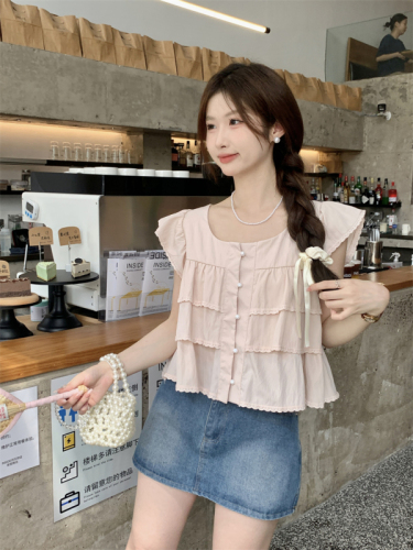 Actual shot of 2024 new summer Korean style loose square collar flying sleeves temperament cake doll shirt small shirt blouse