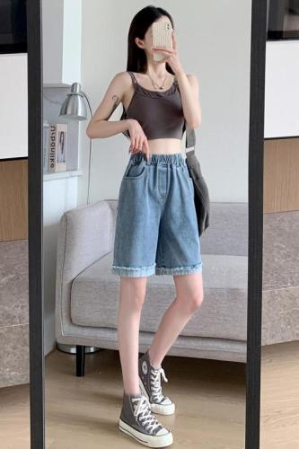 Real shot of denim pure cotton summer women's trendy high-waist slimming A-line wide-leg mid-pants loose five-point hem pants Internet celebrity