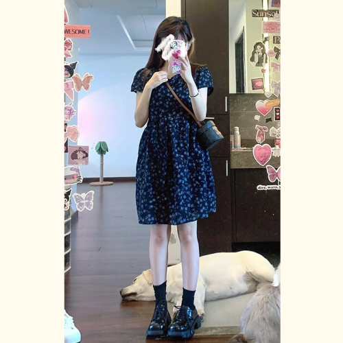 Korean new baby doll dress tea break French V-neck small floral short-sleeved waist slim dress for women summer