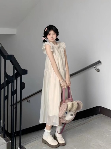 Original 1:1 French gentle and sweet style small flying sleeve dress for women with small summer loose mid-length skirt