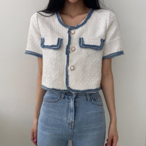 Spring and summer new Korean style fashionable short-sleeved contrasting coat female socialite light luxury cardigan top