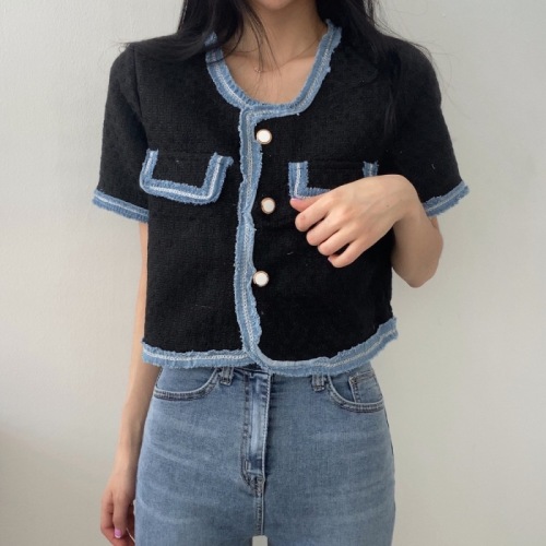 Spring and summer new Korean style fashionable short-sleeved contrasting coat female socialite light luxury cardigan top