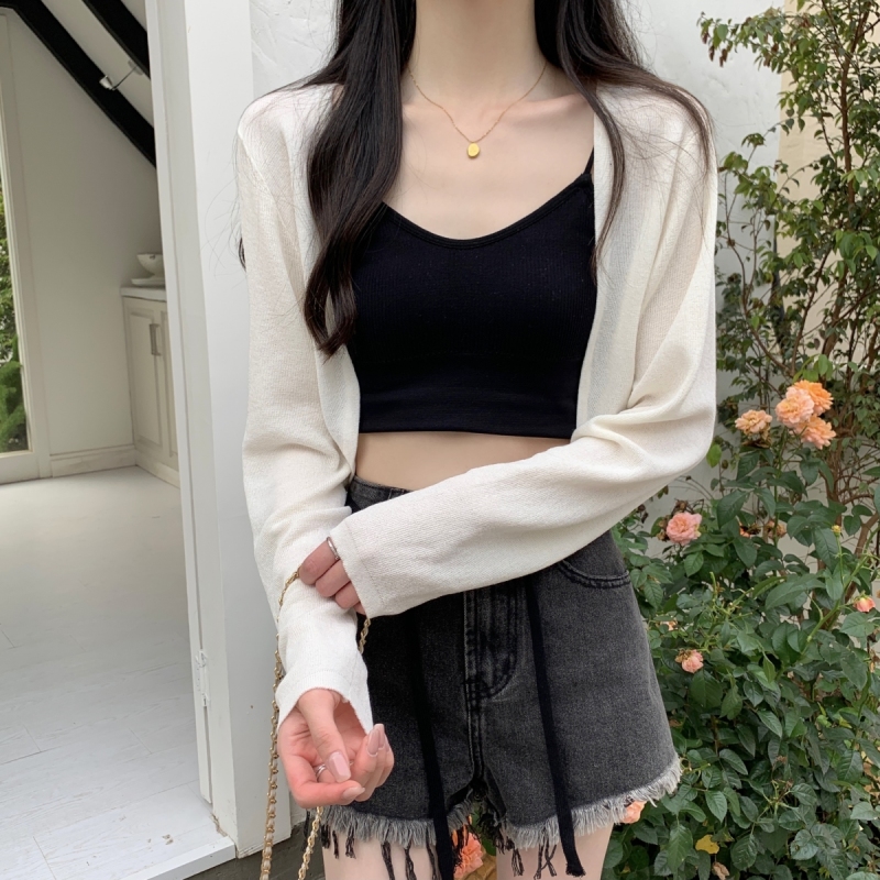 Spring and summer Korean style loose and versatile solid color short sun protection long-sleeved knitted cardigan women's tops