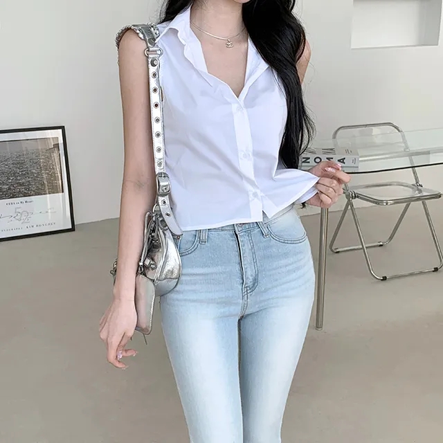 Update chic Korean style summer simple temperament Polo collar single-breasted sleeveless short versatile vest shirt top