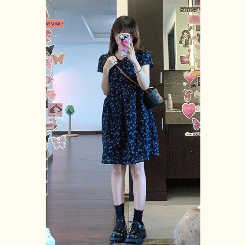 Korean new baby doll dress tea break French V-neck small floral short-sleeved waist slim dress for women summer