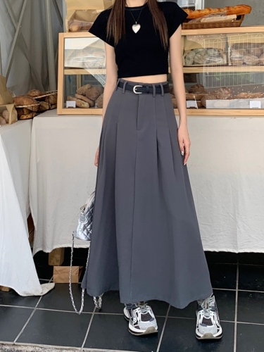 Actual shot and real price ~ Gray suit pleated skirt new style high waist slimming drape A-line long skirt covering the span slimming umbrella skirt