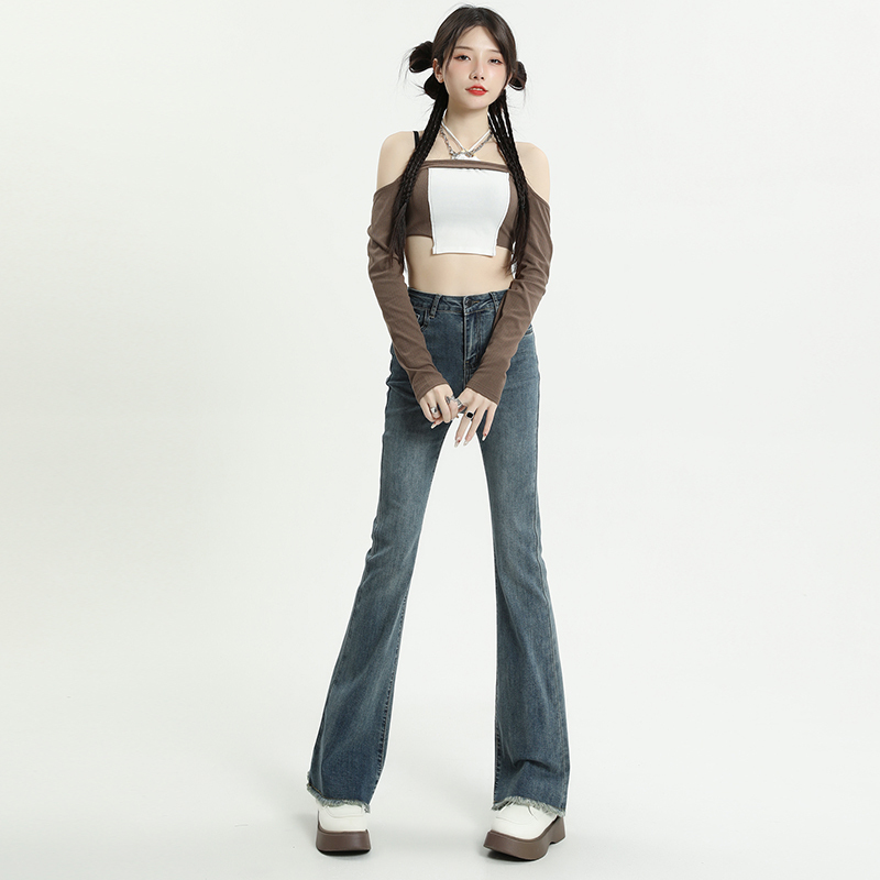 High waisted raw edge flared jeans for women with slightly flared spring and autumn new slim fit retro trousers trendy ins