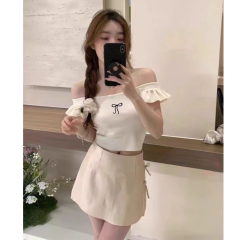 Summer new style sling fungus lace one-shoulder sweater for women summer sexy one-line collar collarbone slimming top